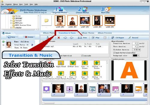 Screenshot of add background music and transition effects into slideshow