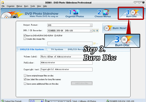 Screenshot of final step, burning all photo albums into an empty writable DVD disc