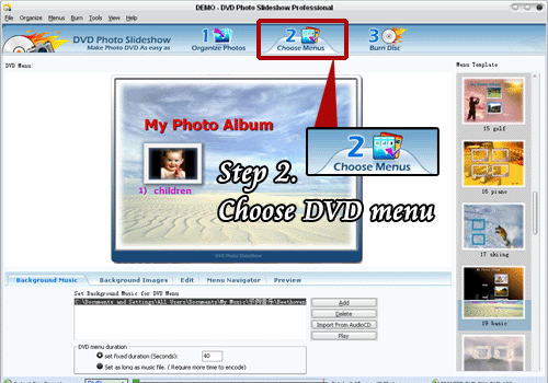 Screenshot of edit DVD disc menu